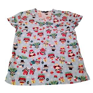 Women's‎ Size Small Christmas Owl Print Scrub Top, Excellent Condition